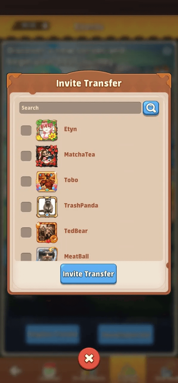 Invite Transfer screen with a search field, friend selection boxes, and Invite Transfer button