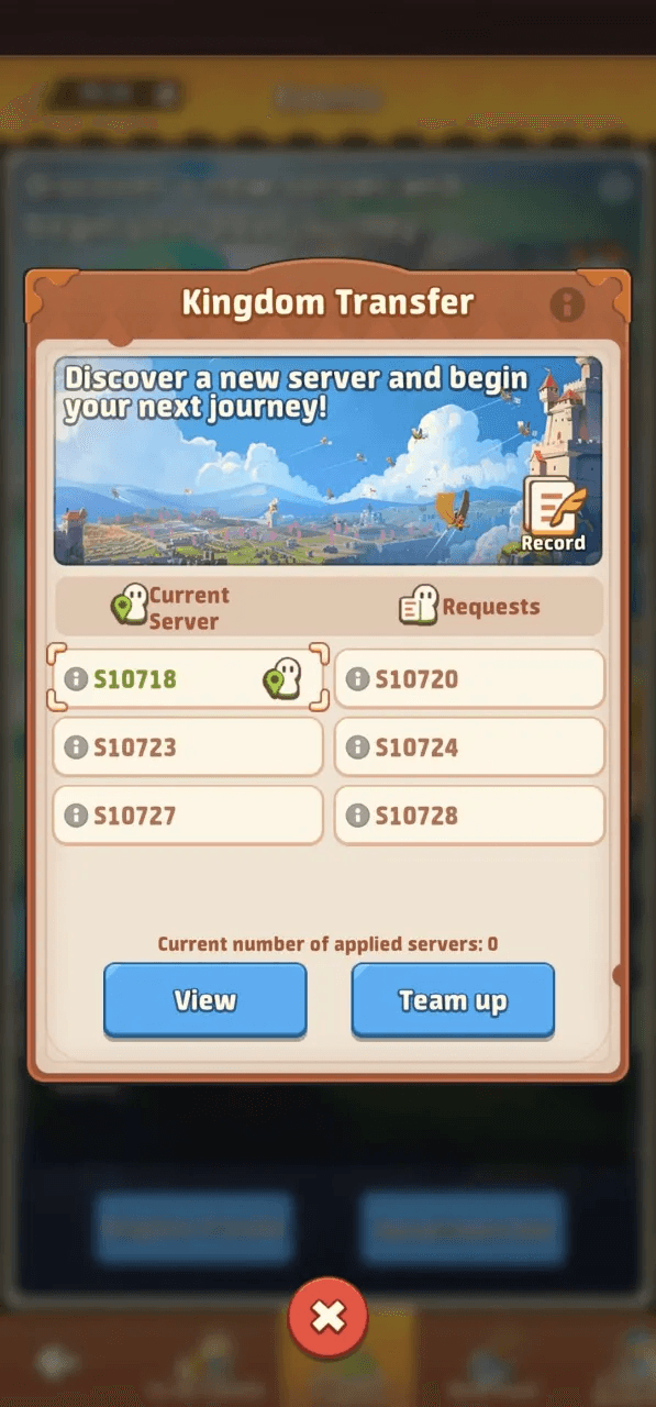 Kingdom Transfer server list with View and Team up buttons