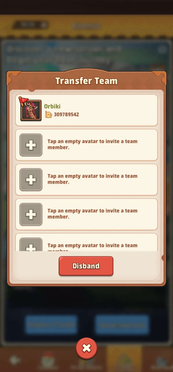 Transfer Team screen showing the Captain, four empty member slots, and Disband button